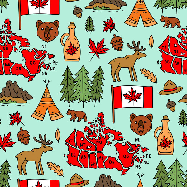 Vector seamless pattern on the theme of Canada. Pattern with colored symbols. Background for use in design, web site, packing, textile, fabric. Canada bright design.