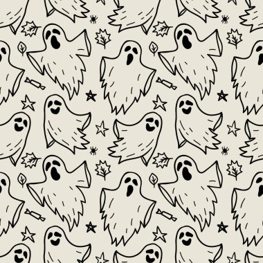 Işıklı arka planda şirin küçük hayaletlerin tek renkli, kusursuz desenleri. Korkunç cadılar bayramı el yazısı karalama arkaplanı. Kumaş Hayaletleri. Uçan Hayaletler. Cadılar Bayramı korkunç hayalet canavarlar.