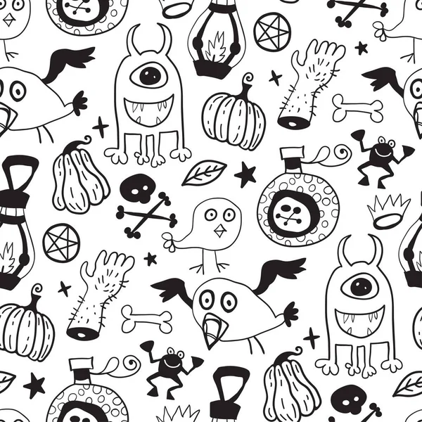 Monochrome Seamless Pattern Horror Halloween Hand Drawn Doodle Elements Halloween — 图库矢量图片