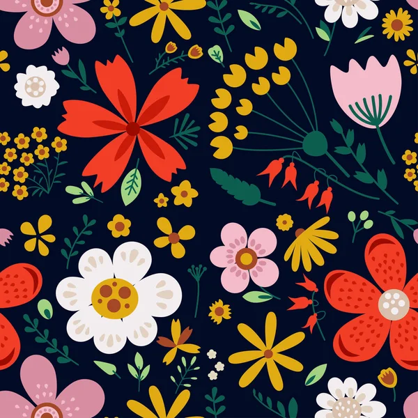 Erstaunliche Florale Vektor Nahtlose Muster Von Hellen Bunten Blumen Niedlichen — Stockvektor