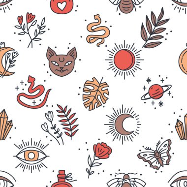 Mistik ve Astroloji objelerinin Boho tarzında kusursuz desenleri. Moda vektör illüstrasyonu. Hippi şıklığında bir geçmişi var. Kumaş, ambalaj, tekstil, duvar kağıdı, giysi için iyidir..