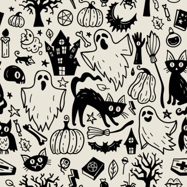 Monochrome seamless pattern of horror Halloween hand drawn doodle elements. Halloween background of magic elements. Pumpkins, ghost, skull, black cat, pot, hat.