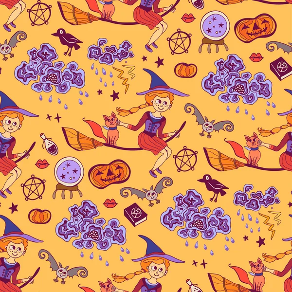 Cute Young Witch Broomstick Seamless Pattern Halloween Cartoon Character Background — стоковый вектор