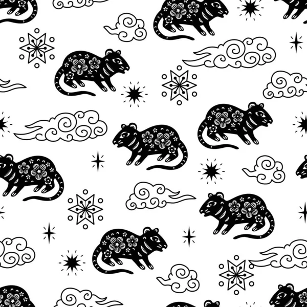 Chinese Traditional Oriental Ornament Background Zodiac Signs Mouse Pattern Seamless — Vettoriale Stock