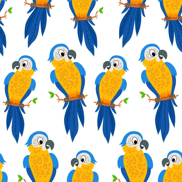Seamless Pattern Large Yellow Blue Macaw Parrots Parrots Sitting Tropical — Stock Vector