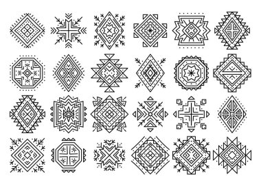 Aztek soyut geometrik elementleri. Etnik süsler. Kabile tasarımı, dövmeler, kartlar için geometrik semboller tasarım logosu, kartlar, arka planlar için dekoratif çalışmalar. Navajo motifleri