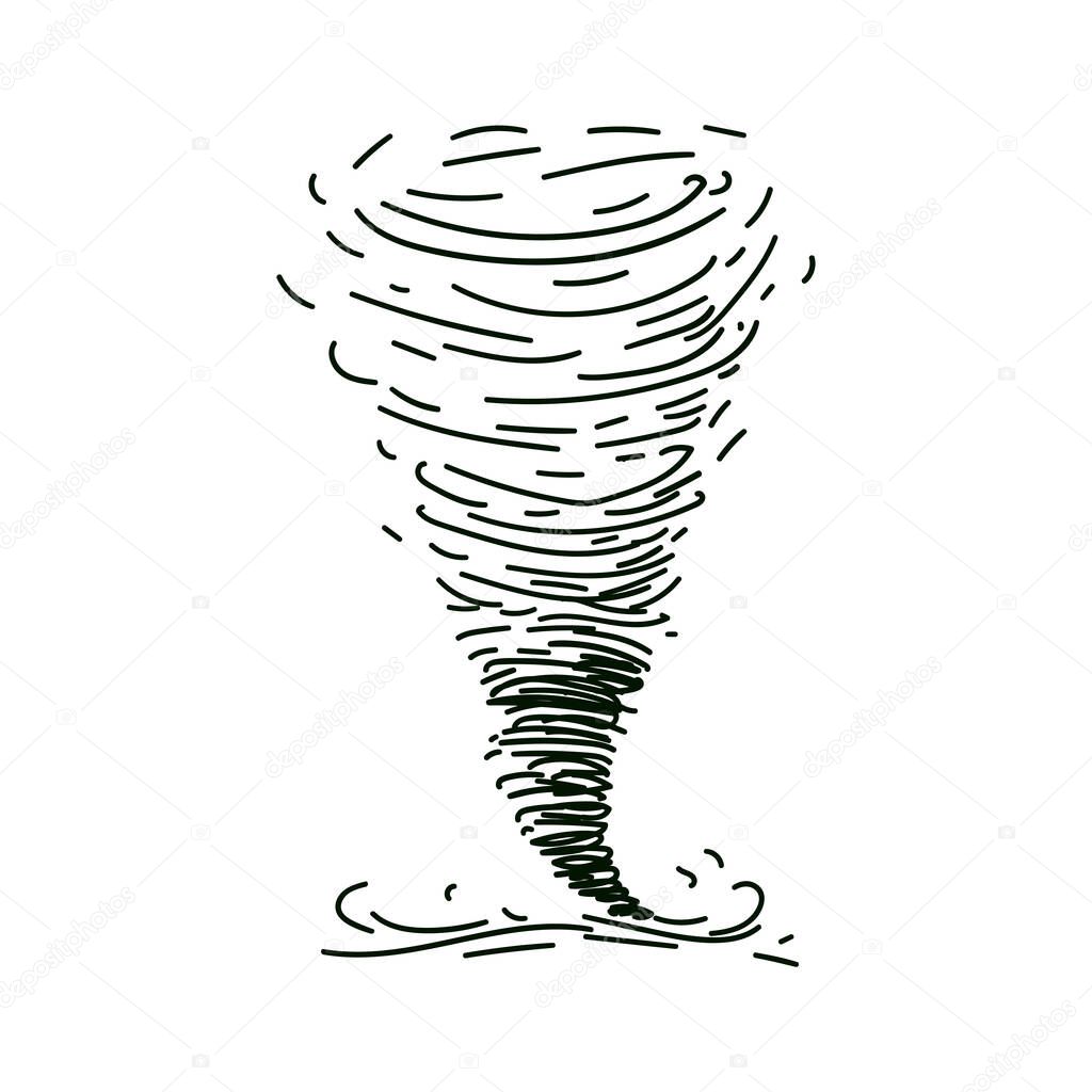 Circle dust spin fast twirl blow eddy blizzard isolated on white sky backdrop. Freehand outline black ink hand drawn tornado sketch in art scribble on white background landscape.