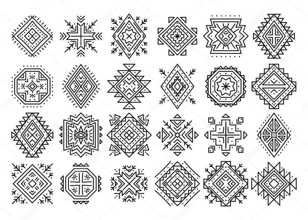 Aztec abstract geometric elements. Set of ethnic ornaments. Tribal design, geometric symbols for tattoo, cards, decorative works for design logo, cards, backgrounds. Navajo motifs
