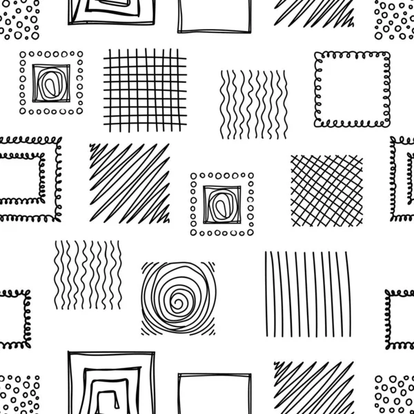 Square Abstract Line Black Seamless Patterns Rectangle Contemporary Hand Drawn — Stock Vector