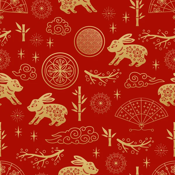Chinese Traditional Oriental Ornament Background Zodiac Signs Rabbit Pattern Seamless — стоковый вектор