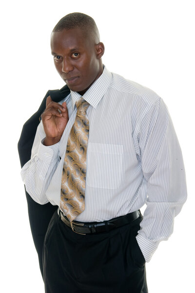 Handsome African American man in a black business suit with the coat tossed over his shoulder for a more casual look.