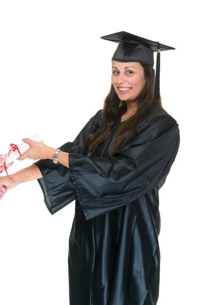 Jonge vrouw afgestudeerde ontvangende diploma 5 — Stockfoto