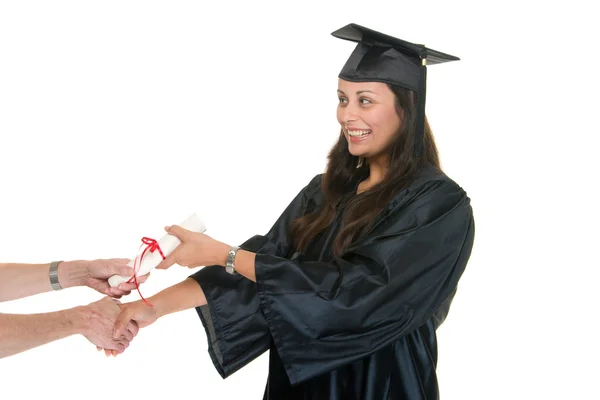 Jonge vrouw afgestudeerde ontvangende diploma 6 — Stockfoto