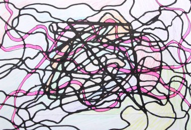 Çemberler, çizgiler, dalgalar, renkler ile soyut arkaplan kağıt üzerine kalem ve renkli işaretler çizer