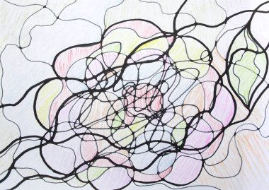 Çemberler, çizgiler, dalgalar, renkler ile soyut arkaplan kağıt üzerine kalem ve renkli işaretler çizer