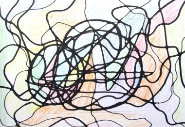 Çemberler, çizgiler, dalgalar, renkler ile soyut arkaplan kağıt üzerine kalem ve renkli işaretler çizer