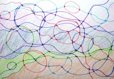 Çemberler, çizgiler, dalgalar, renkler, kalemle çizilmiş kendiliğinden parlayan parlak soyut arkaplan ve kağıt üzerine renkli kalemler