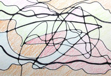 Rastgele çizgiler, daireler, renkler nörografik tarzda beyaz kağıda çizilir