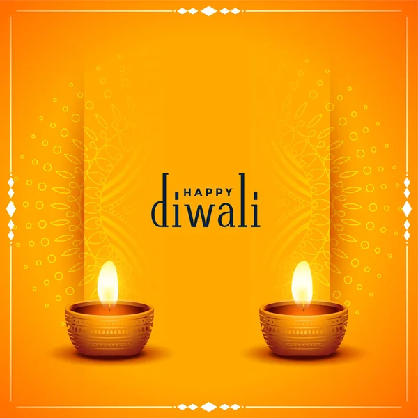 Traditionell Glad Diwali Orange Kort Med Realistisk Diya — Stock vektor