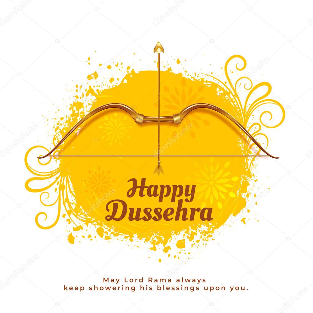 traditional happy dussehra watercolor yellow card with bow and arrow