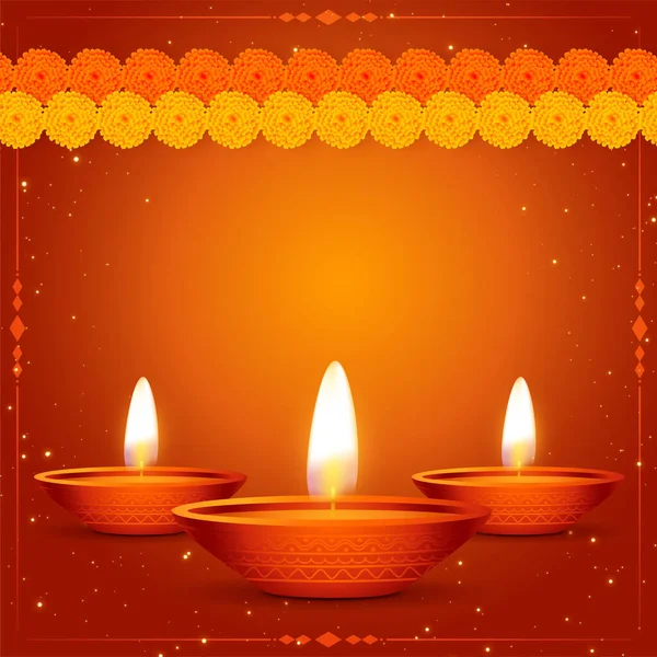 Hagyományos Boldog Diwali Reális Kártya Virág Diya — Stock Vector