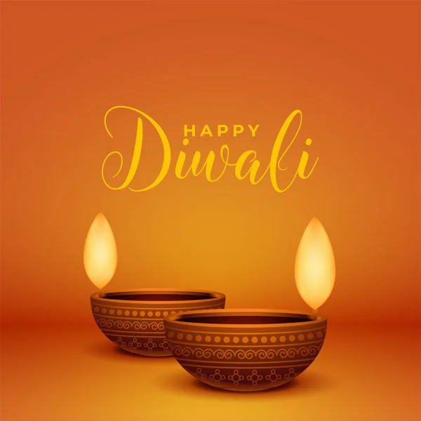 Realistic Happy Diwali Greeting Card Two Diya Lamps — Stock Vector