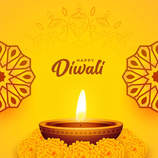 Gelbe Diwali Karte Mit Diya Und Ringelblumen Dekoration — Stockvektor