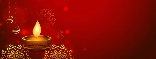 Banner Web Diwali Feliz Rojo Con Diya Estilo Dorado — Vector de stock