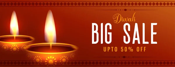 Diwali Big Sale Wide Web Banner Two Glowing Diya — Stock Vector