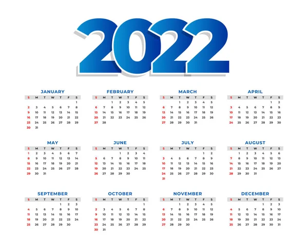 2022 Nieuwjaar Eenvoudig Kalendersjabloon Ontwerp — Stockvector