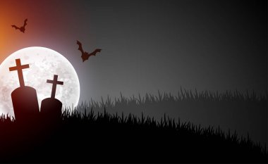 Korkunç mezarlık sahnesi Ay ve uçan yarasalarla