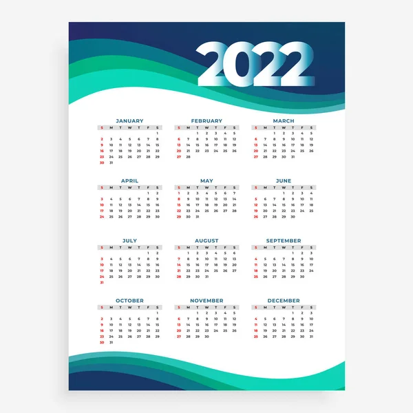 Business Style 2022 Wave Calendar Design — Stock Vector