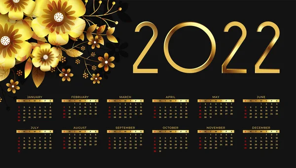 Stylová Zlatá Květina 2022 Nový Rok Kalendářní Šablona — Stockový vektor