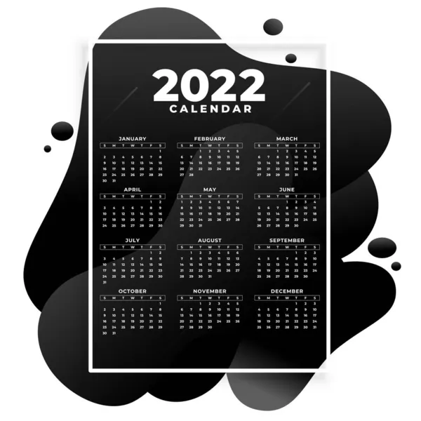 Fluid Style Abstract Black 2022 Calendar Design Template — Stock Vector