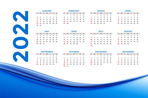 Welle Stil 2022 Blau Neujahr Kalender Design — Stockvektor