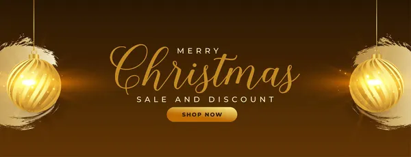 Рождественская Распродажа Скидка Баннер Висячими Золотыми Шариками — стоковый вектор