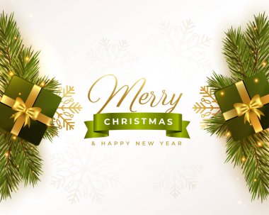 gerçekçi mutlu noel festivali hediye kutuları ve ağaç yapraklarıyla karşılanıyor