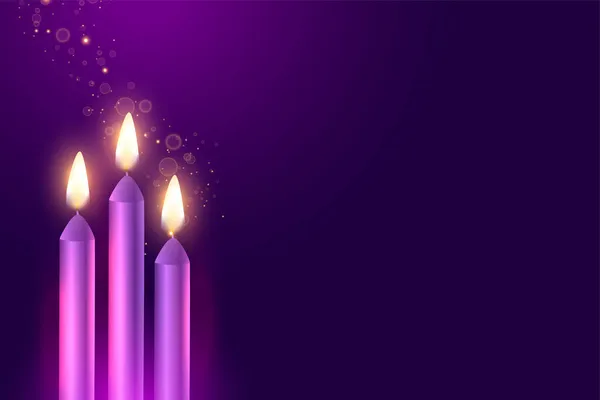 Advenimiento Púrpura Tres Velas Con Destellos — Vector de stock