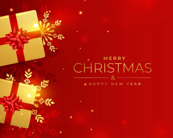 Feliz Navidad Saludo Rojo Con Cajas Regalo Oro Copos Nieve — Vector de stock