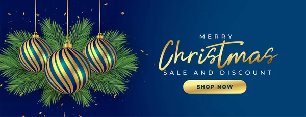 Feliz Venta Navidad Banner Promocional Descuento Con Bolas Navidad Hojas — Vector de stock