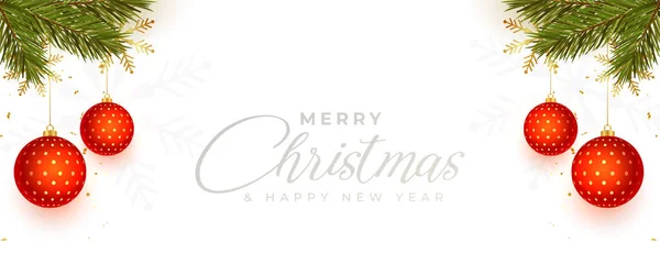 Realistic Merry Christmas New Year Banner Xmas Balls Pine Tree — Stock Vector