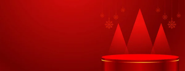 Modern Rood Podium Web Banner Met Kerstboom Ontwerp — Stockvector