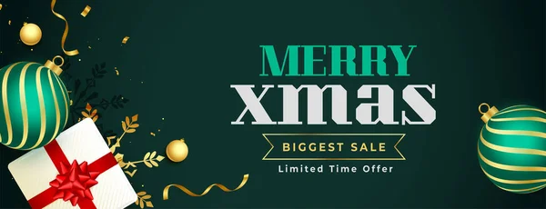 Veselé Vánoce Prodej Banner Realistickými Dárkové Krabice Koule Dekorace — Stockový vektor