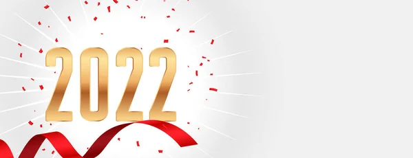 Реалістичний 2022 Новий Рік Золотий Текст Банером Конфітті Червоною Стрічкою — стоковий вектор
