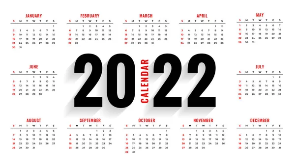 Diseño Simple Plantilla Calendario Ancho 2022 — Vector de stock