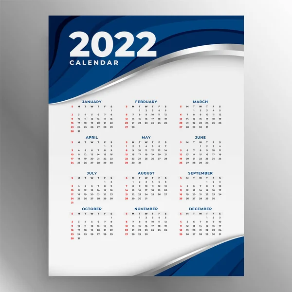 Wave Style 2022 Calendar Template Design — Stock Vector