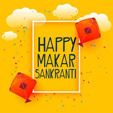 Mutlu makar sankranti sarı kart bulutlu ve uçurtmalı