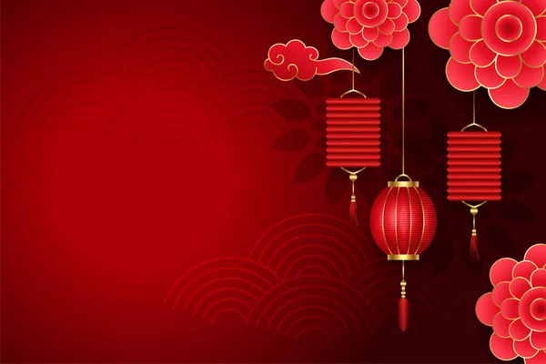 Fond Rouge Chinois Avec Des Fleurs Des Lanternes — Image vectorielle