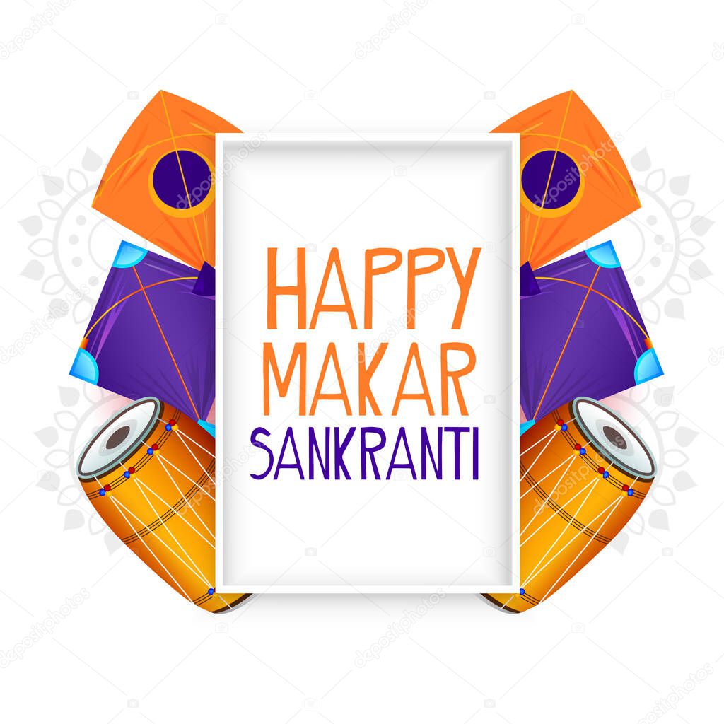 indian makar sankranti festival greeting with kite and drum