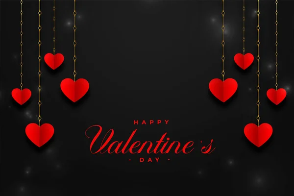 Valentines Day Black Greeting Hanging Red Hearts — стоковый вектор